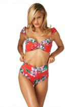 Montce Swim - Red Floral Cabana Top X High Rise Bottom Bikini Set