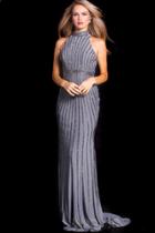 Jovani - Stripe Embellished High Halter Long Gown 56001