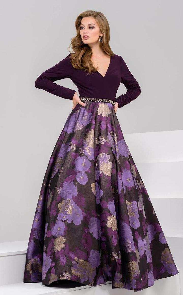 Jovani - 49899 Long-sleeved V-neck Floral Evening Gown