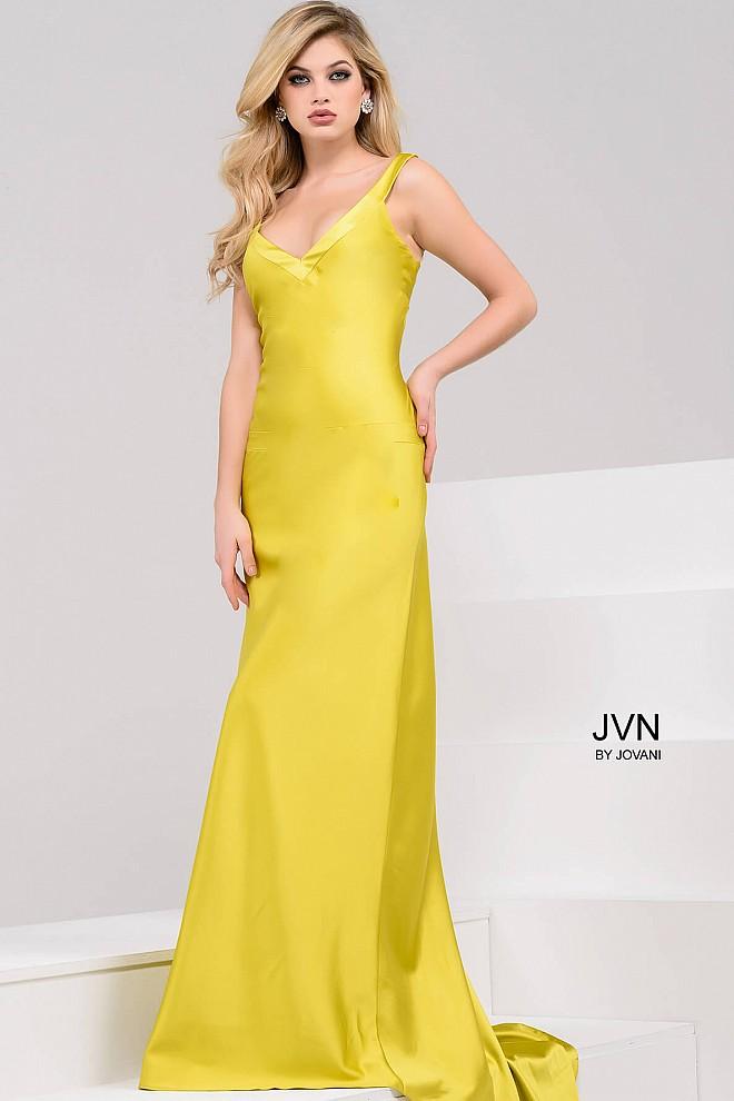Jovani - Simple V-neck Satin Sheath Dress Jvn50366