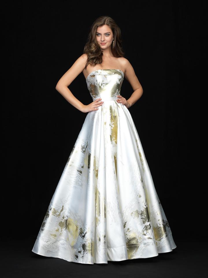 Madison James - 18-721 Metallic Print Straight Neck Ballgown