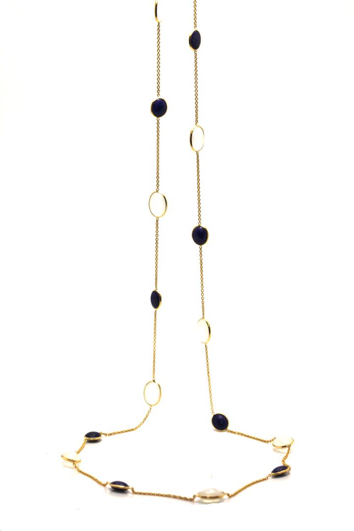 Tresor Collection - 18k Yellow Gold Long Necklace With Rainbow Moonstone & Blue Sapphire