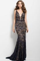 Jovani - 50923 Deep V Lace Metallic Evening Dress