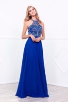 Sleeveless Beaded Halter Neck Long A-line Dress