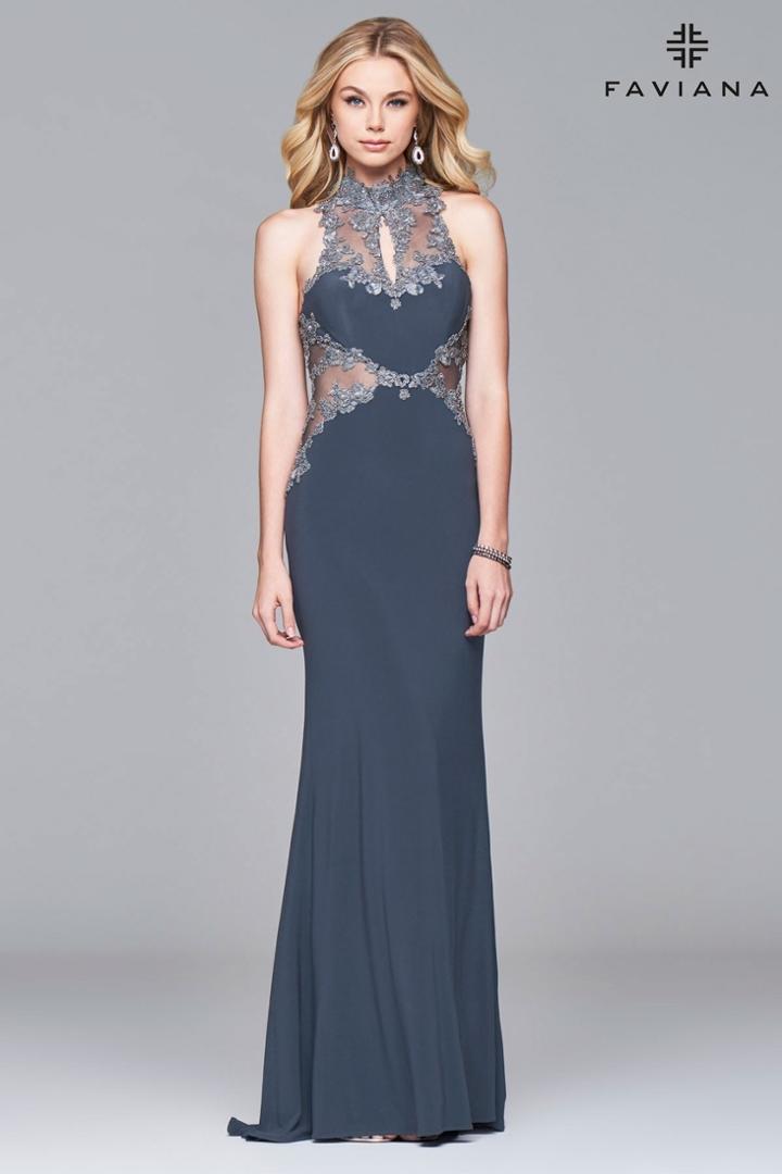 Faviana - S7960 Long Jersey Halter Dress With Metallic Trim
