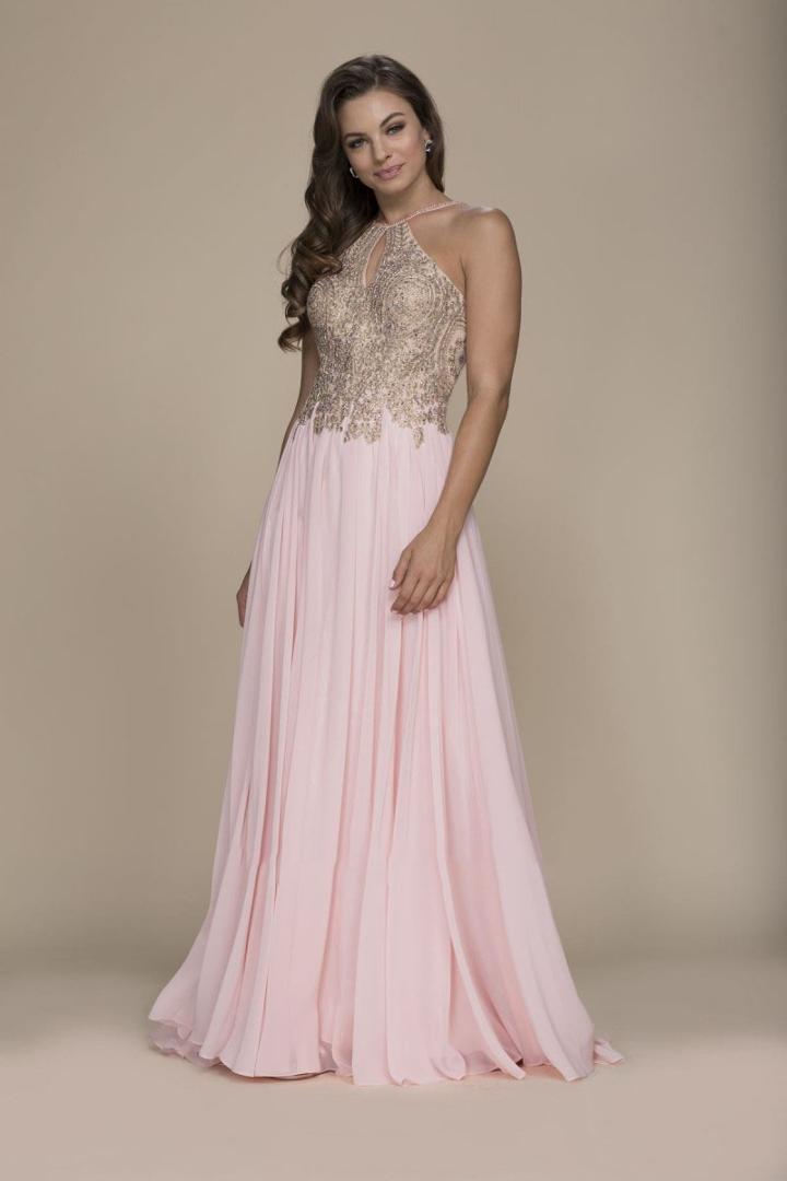 Nox Anabel - B084 Gilded Lace Cutout Halter Chiffon Gown