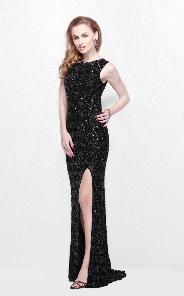 Primavera Couture - Sequined Sleeveless Long Dress With Slit 1886