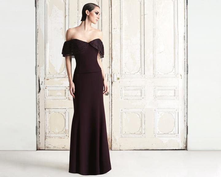 Daymor Couture - 771 Off Shoulder Striped Paneled Sheath Gown