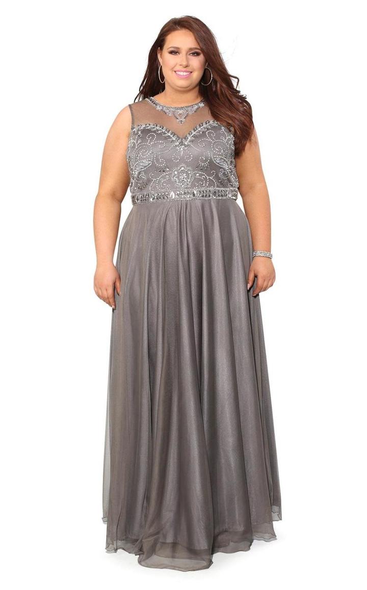 Kurves By Kimi - Illusion Jewel Neckline Sheer A-line Dress 71161