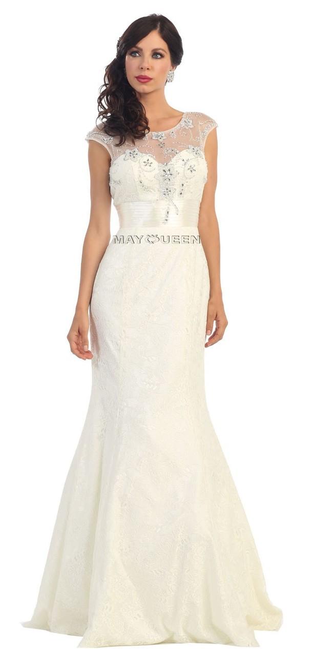 Stunning Embroidered Cap Sleeved Illusion Neck Mermaid Dress