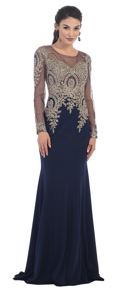 Long Sleeve Mermaid Dress With Metallic Lace Applique And Rhinestones