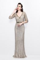 Primavera Couture - Quarter Sleeves V-neck Stripes Long Dress 1758