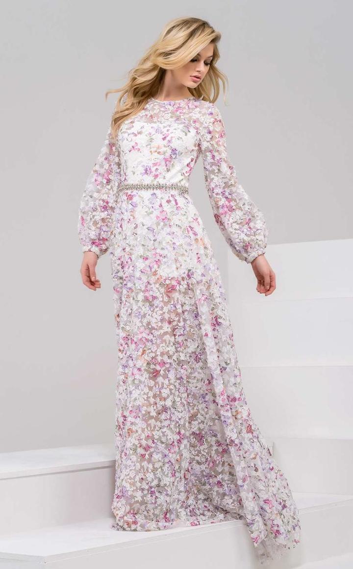 Jovani - 48387 Long-sleeved Floral Lace Evening Gown