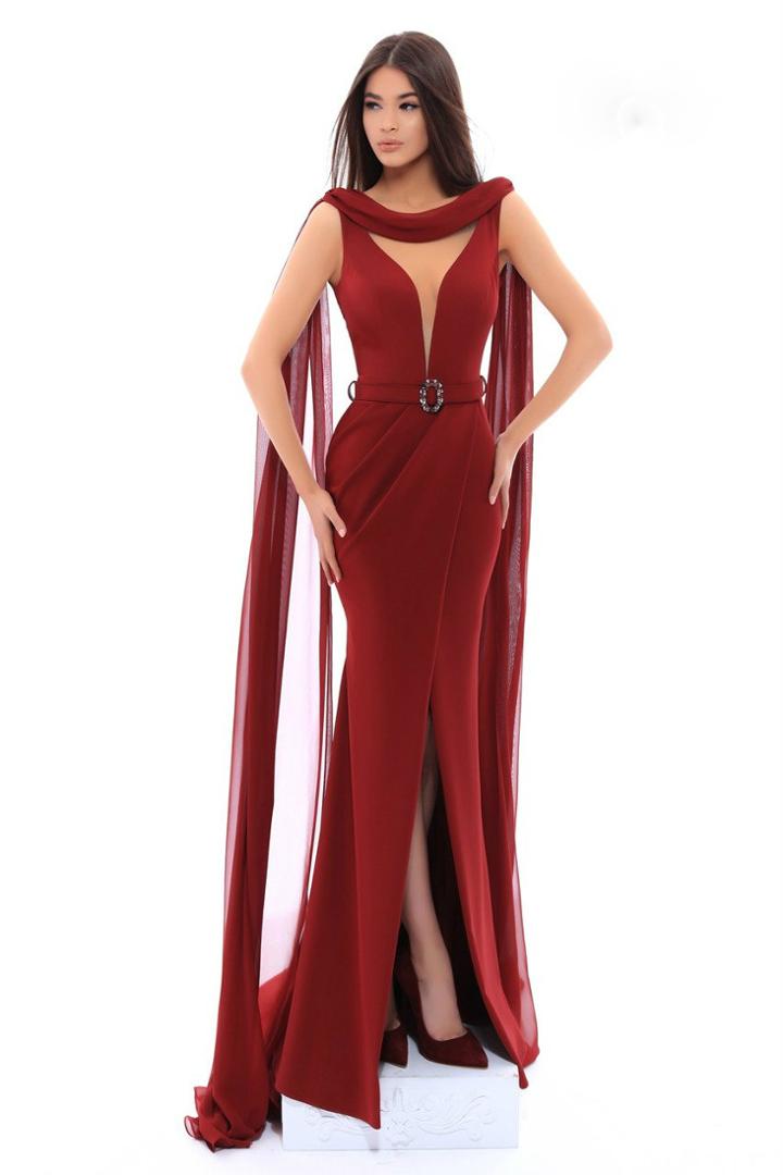 Tarik Ediz - 93427 Bateau Neck Sheath Dress With Draping