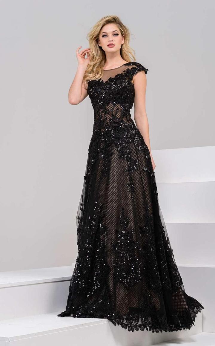 Jovani - 40451 Embellished Cap Sleeves A Line Gown