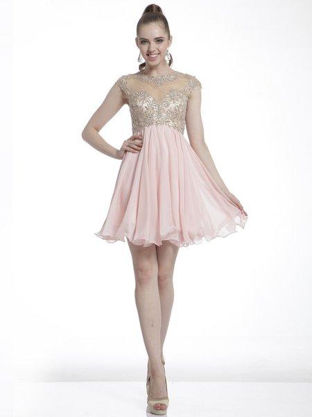 Cinderella Divine - Embroidered Sheer Cap Sleeves Cocktail Dress