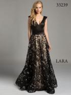 Lara Dresses - Sleek V-neckline A-line Evening Gown With Floral Embroidery And Rhinestone Embellishments 33239