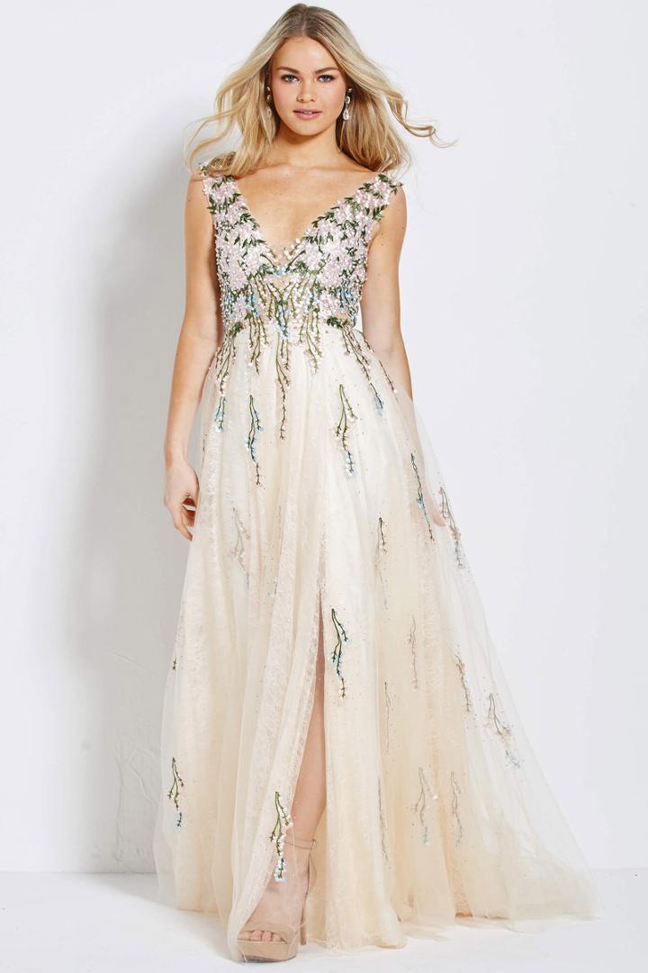 Jovani - 54445 Embroidered Plunging A-line Evening Dress