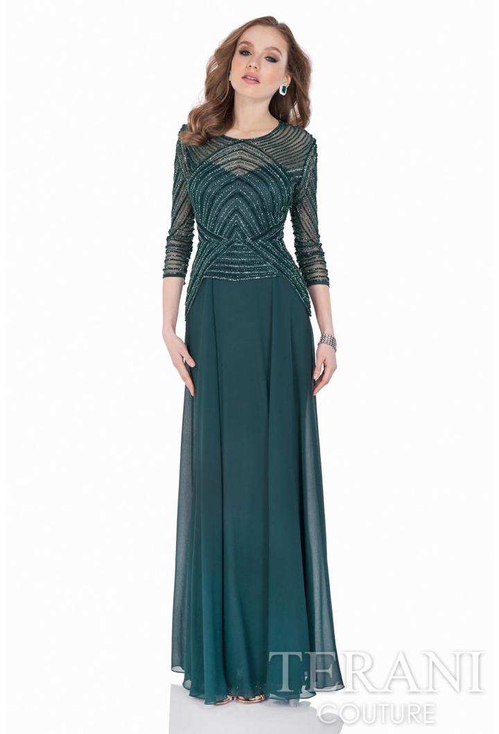 Terani Evening - Three Quarter Sleeves Shimmering Long Gown 1623m1860
