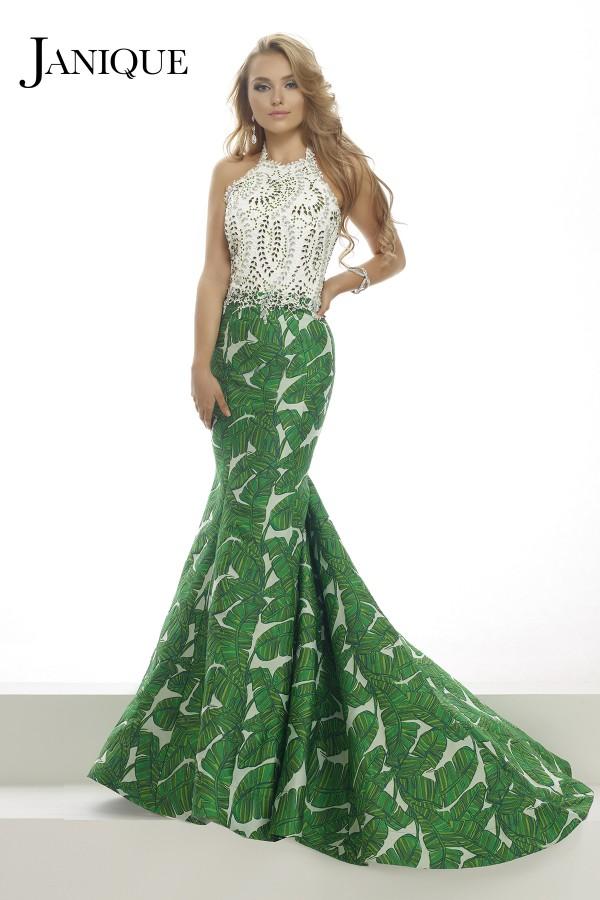 Janique - Embellished Lace Printed Mermaid Evening Gown W1717