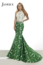 Janique - Embellished Lace Printed Mermaid Evening Gown W1717