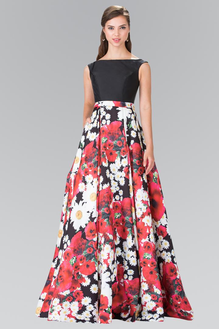 Elizabeth K - Bateau Neckline Floral Print Mikado Gown Gl2266