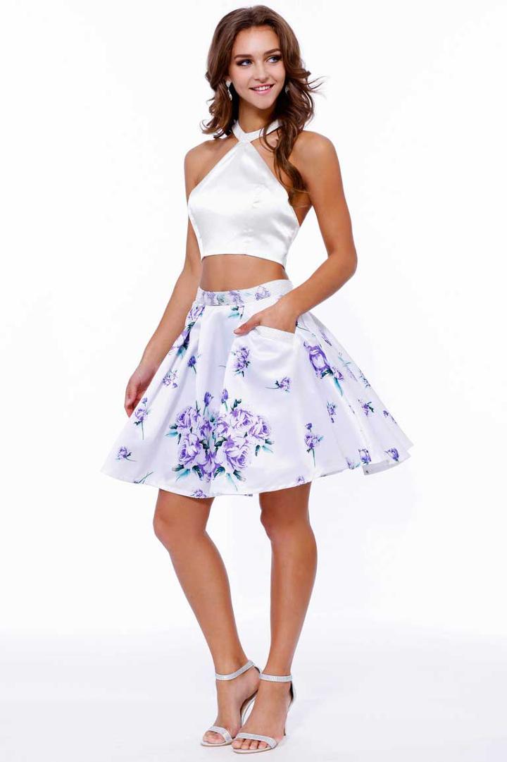 Exquisite Two-piece Halter Crop Top Short Cocktail Dress With Floral Print Skirt