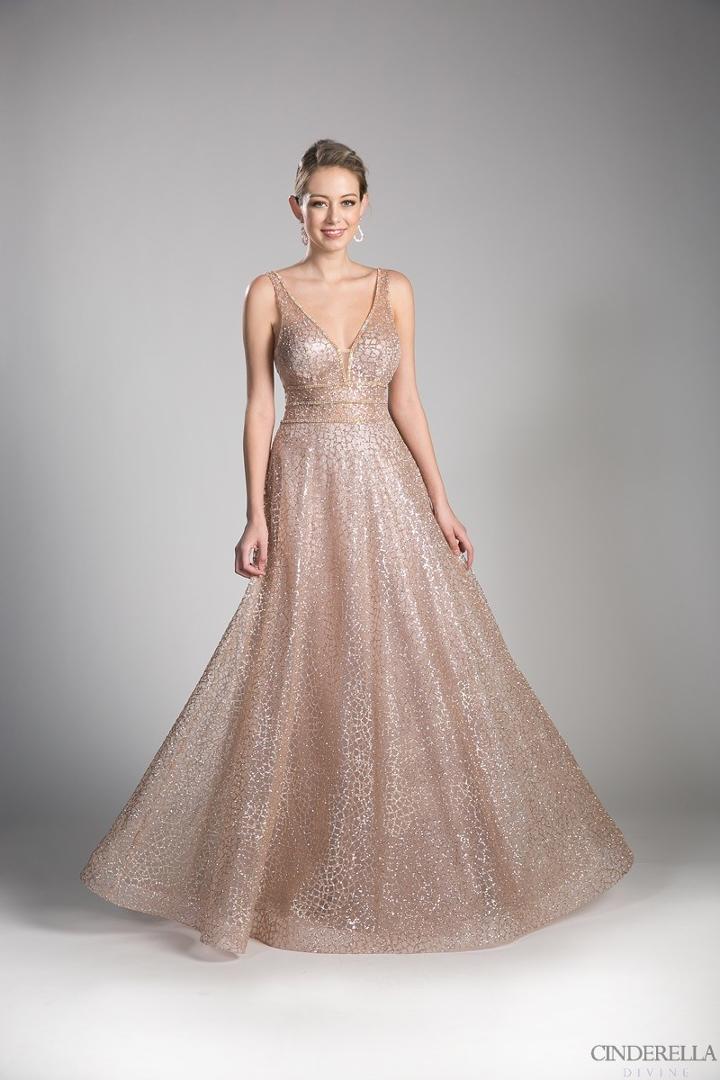 Cinderella Divine - Sequined V-neck A-line Long Prom Dress