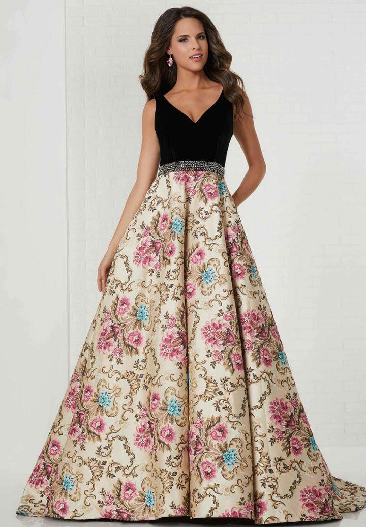 Tiffany Homecoming - 46143 Velvet V-neck Printed Brocade Ballgown