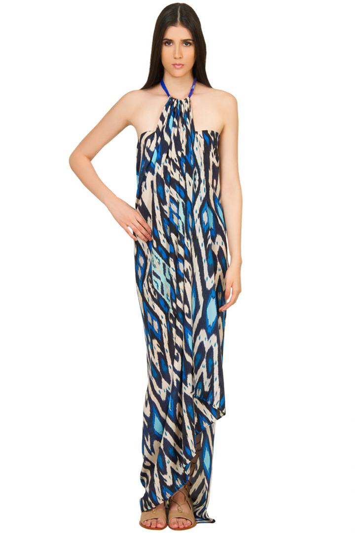 Caffe Swimwear - Halter Neck Long Dress In Printed Blue