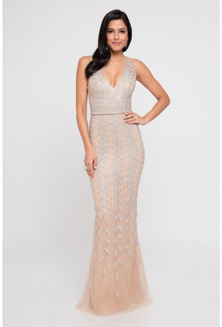 Terani Couture - 1812gl6504 Silver Embellished Plunging V-neck Dress