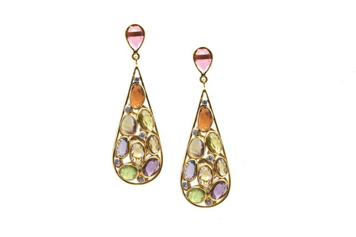 Tresor Collection - Multicolor Stones & Diamond Earrings In 18k Yellow Gold
