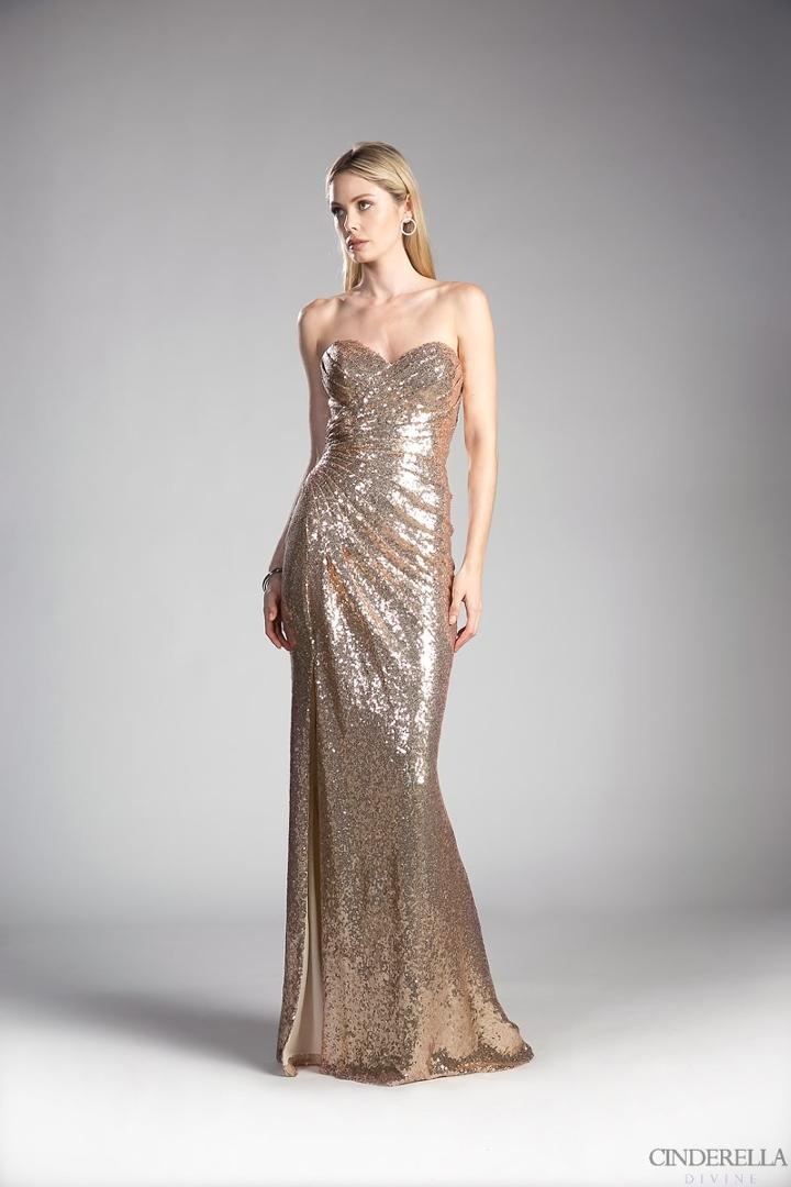 Cinderella Divine - Strapless Sequined Pleated Sheath Dress