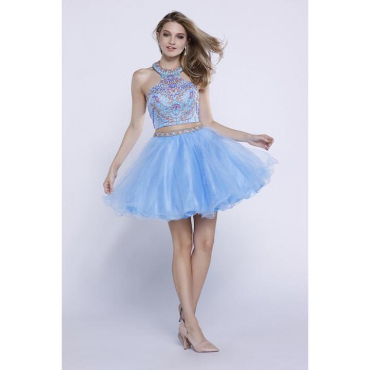 Two-piece Halter Short Homecoming Dress With Beaded Bodice And Tulle Skirt
