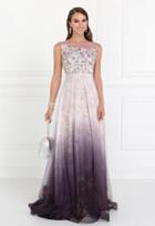 Elizabeth K - Gl1599 Cap Sleeve Ombre Floral Appliqued A-line Gown