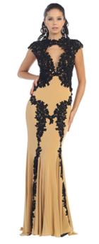 Long Cap Sleeve With Lace Applique Dress