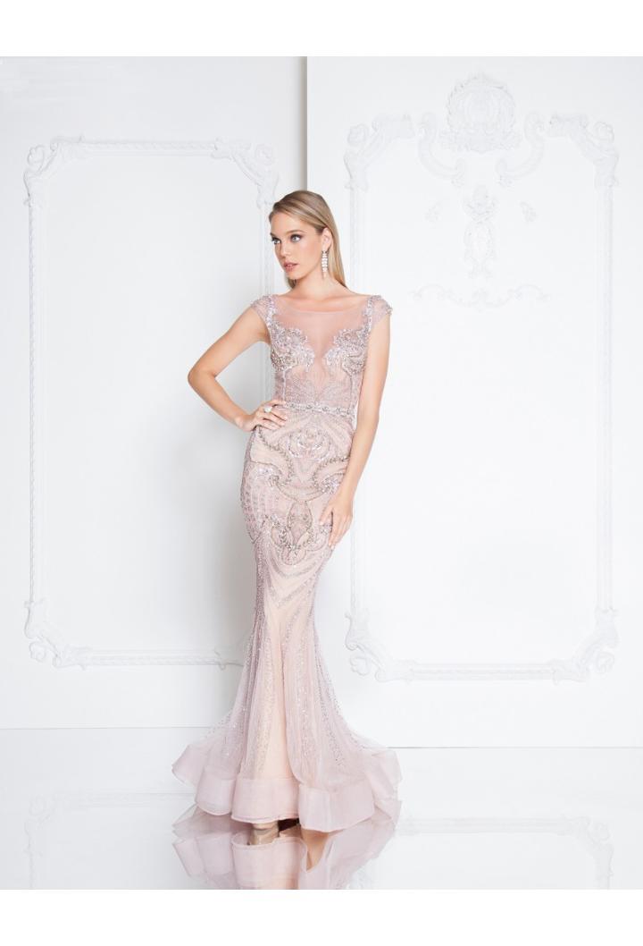 Terani Couture - 1811gl6405 Embellished Illusion Bateau Trumpet Dress