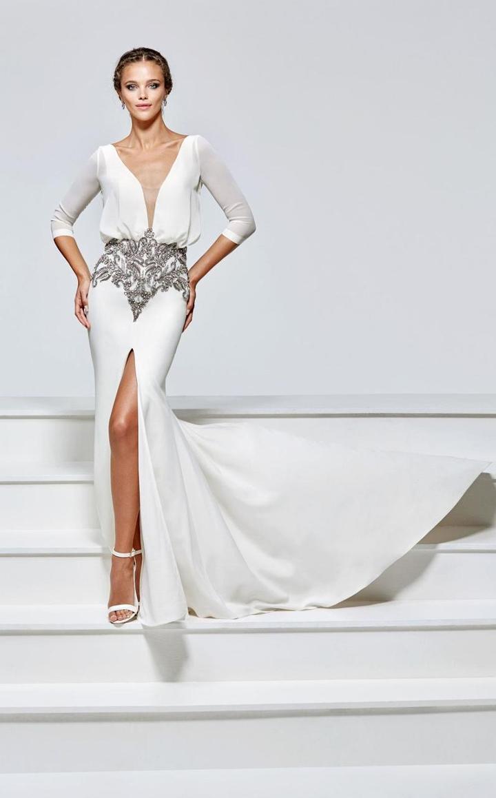 Tarik Ediz - Jeweled V-neck Sheath Gown 93155