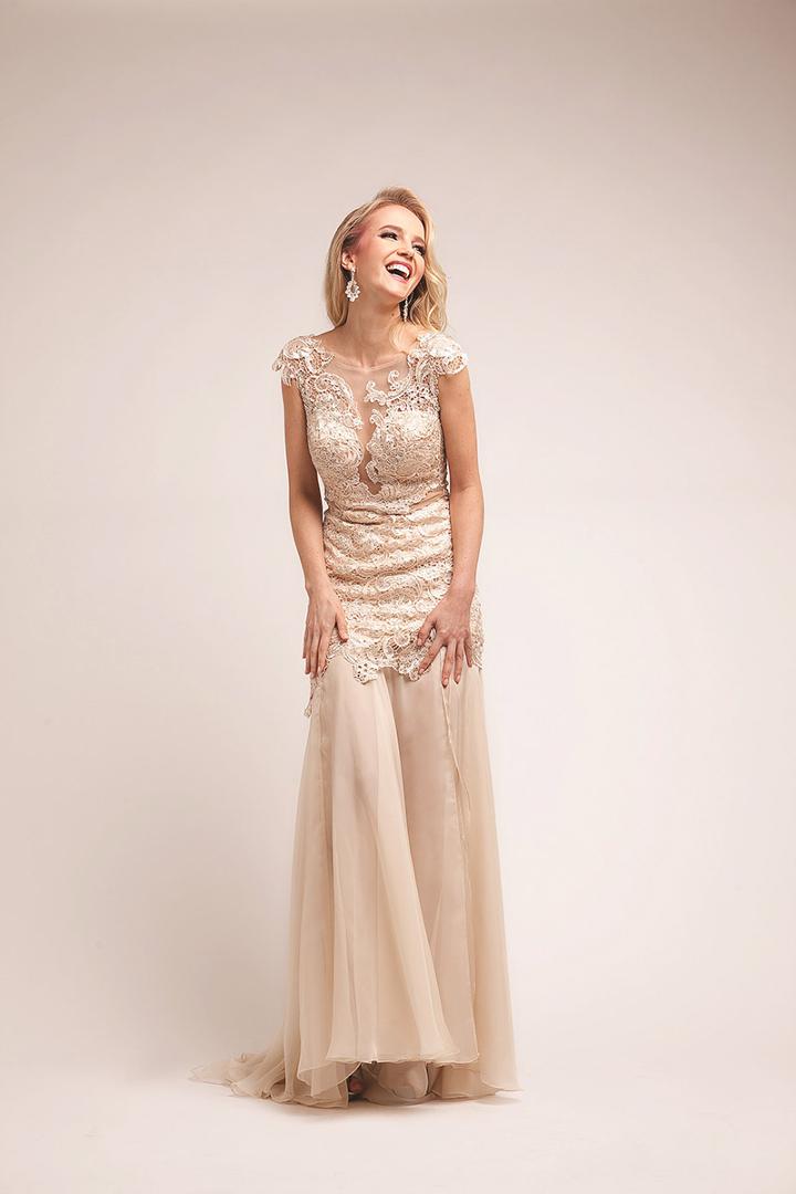 Cinderella Divine - Floral Embroidered Cap Sleeves Trumpet Dress