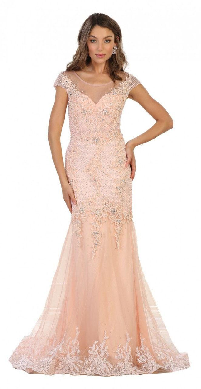 May Queen - Rq7521 Cap Sleeve Rhinestone Embellished Evening Gown