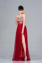 Cinderella Divine - Jewel Ornate Strapless Sweetheart High Slit Gown