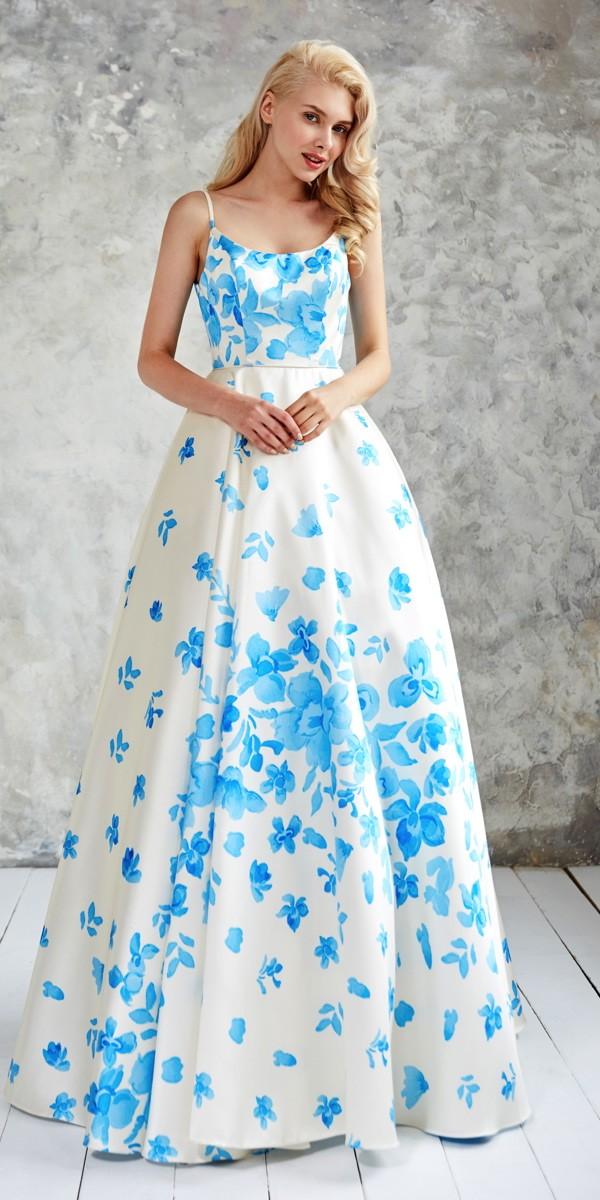 Angela And Alison - Ethereal Blue Floral Bateau Long Evening Gown 771090