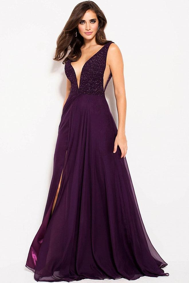 Jovani - 48116 Plunging V-neck Stretch Glitter Jersey Dress