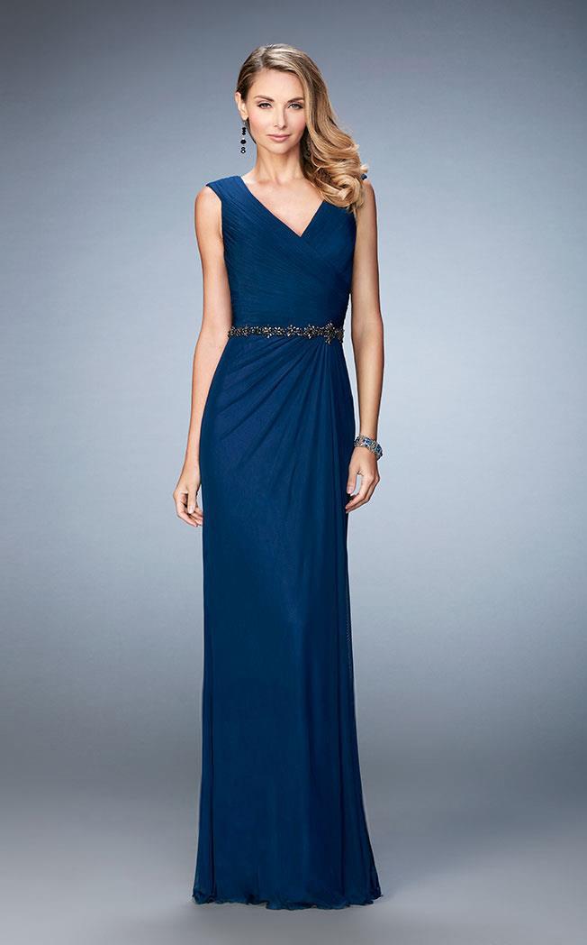 La Femme - 23024 Ruched V Neck Sheath Long Dress With Beaded Belt