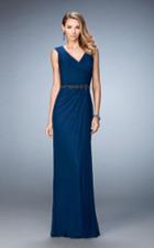 La Femme - 23024 Ruched V Neck Sheath Long Dress With Beaded Belt