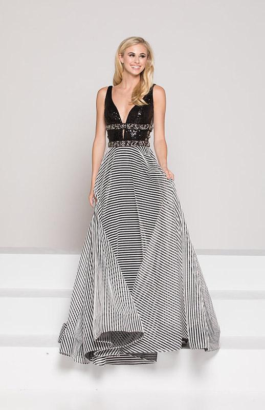 Colors Dress - 1876 Plunging Ornate Banded Stripe Gown