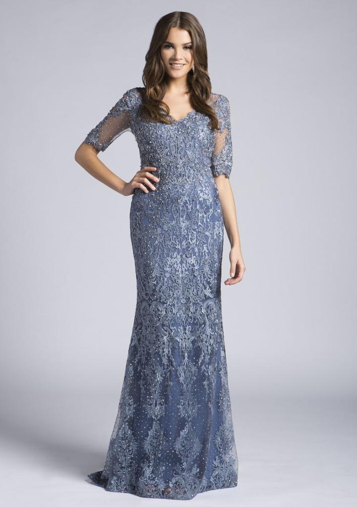 Lara Dresses - 33604 Quarter Sleeve Pearl Sprinkled Lace Sheath Gown