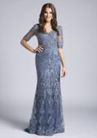 Lara Dresses - 33604 Quarter Sleeve Pearl Sprinkled Lace Sheath Gown