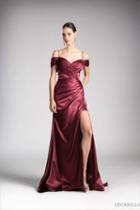 Cinderella Divine - Pleated Vneck Satin A-line Evening Dress With Slit