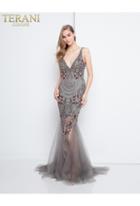 Terani Couture - 1811gl6474 Embellished Plunging V-neck Mermaid Dress